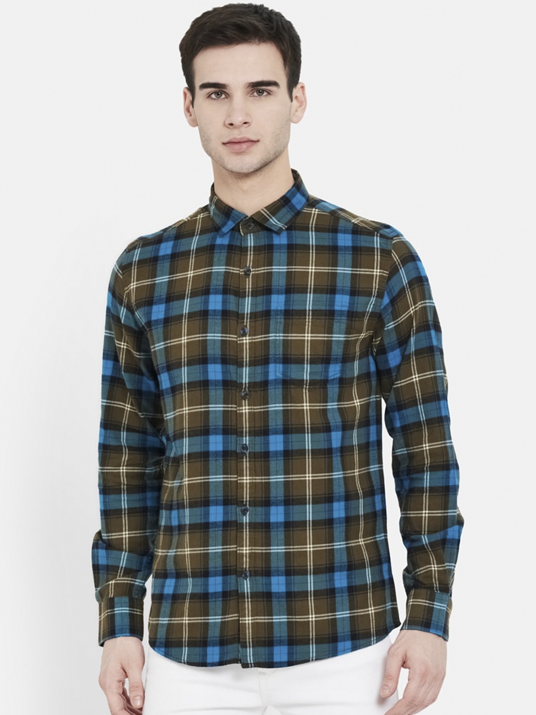 

METTLE Men Blue & Brown Opaque Checked Casual Cotton Shirt