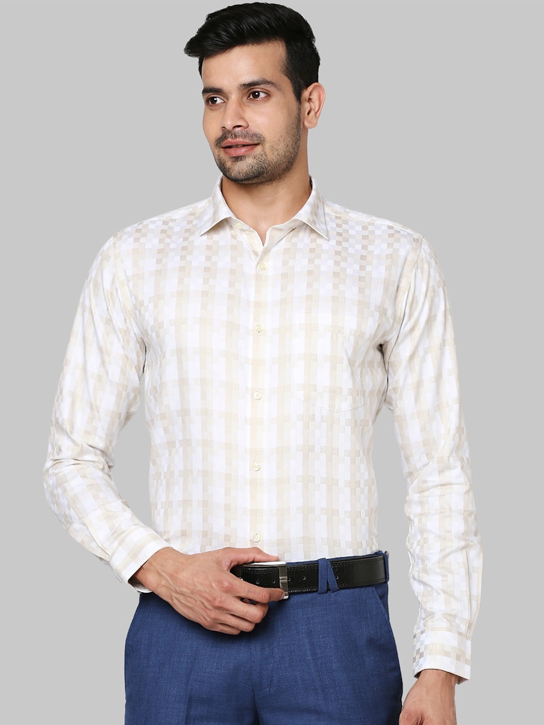 

Park Avenue Men Beige Slim Fit Opaque Checked Formal Shirt