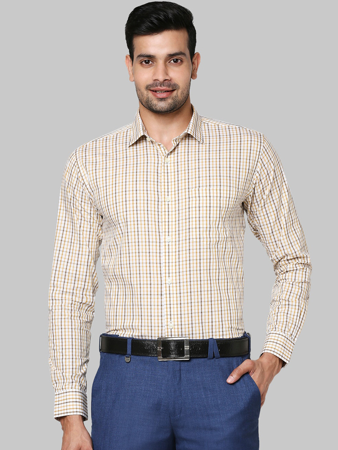 

Park Avenue Men Yellow Slim Fit Opaque Checked Formal Shirt