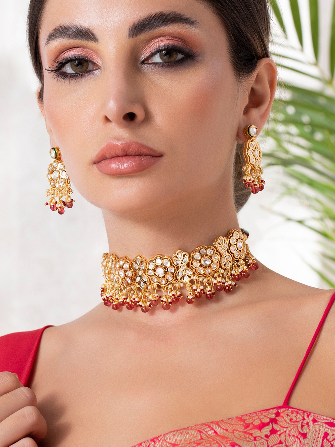 

Rubans 24K Gold-Plated White Kundan Stone & Maroon Beads Handcrafted Jewellery Set
