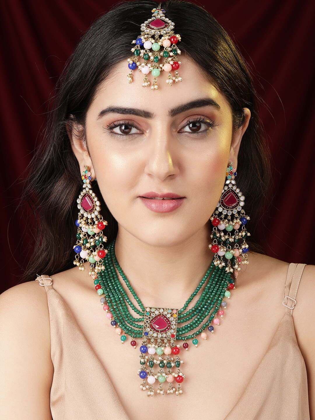 

Rubans 24 K Gold-Plated Green Stone Studded & Green Beaded Handcrafted Jewellery Set