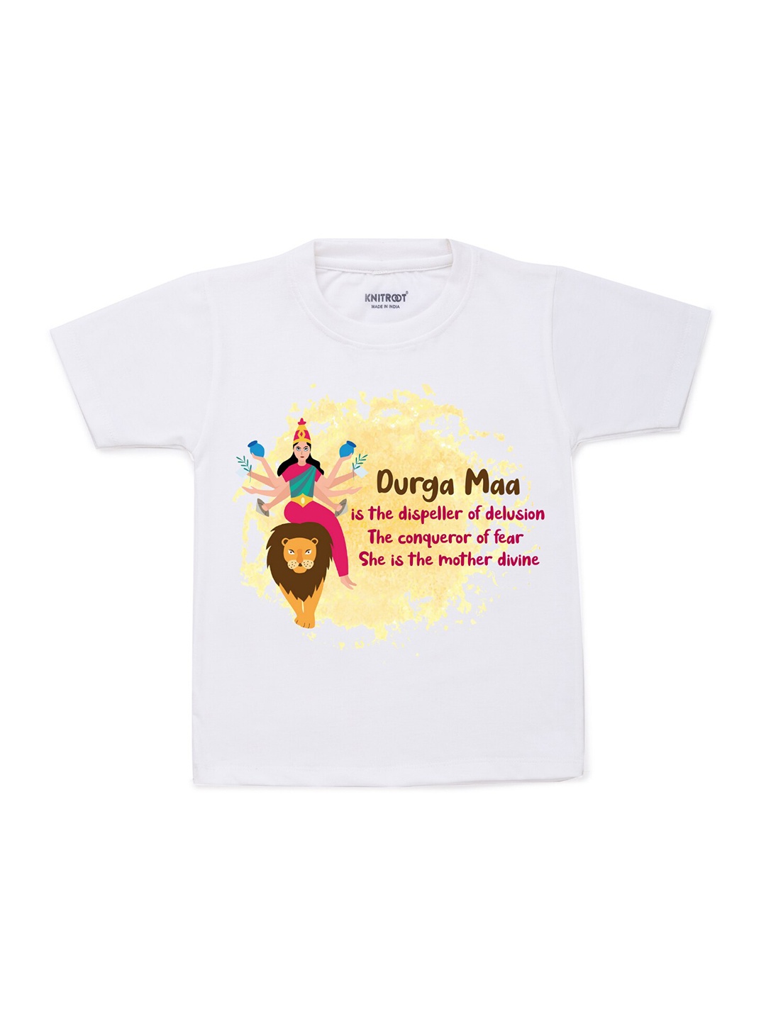 

KNITROOT Unisex Kids White & Yellow Typography Printed Cotton T-shirt