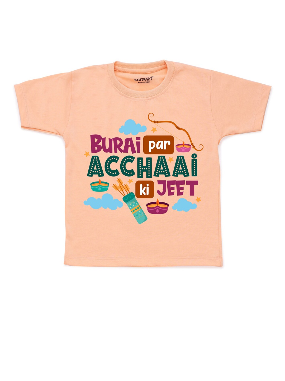 

KNITROOT Unisex Kids Peach-Coloured Acchai Ki Jeet Printed Applique T-shirt