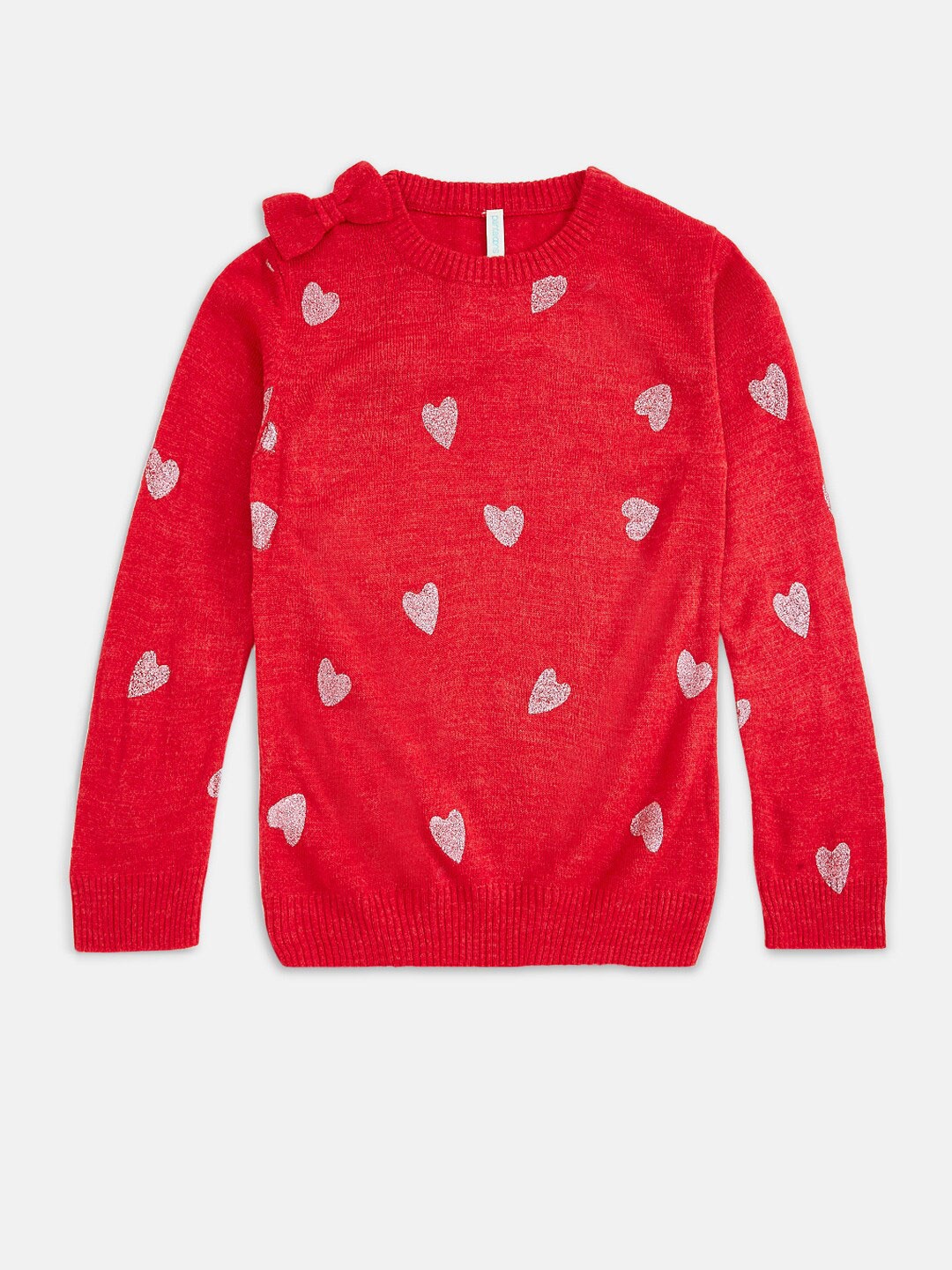 

Pantaloons Junior Girls Red & Grey Printed Acrylic Pullover With Applique Detail