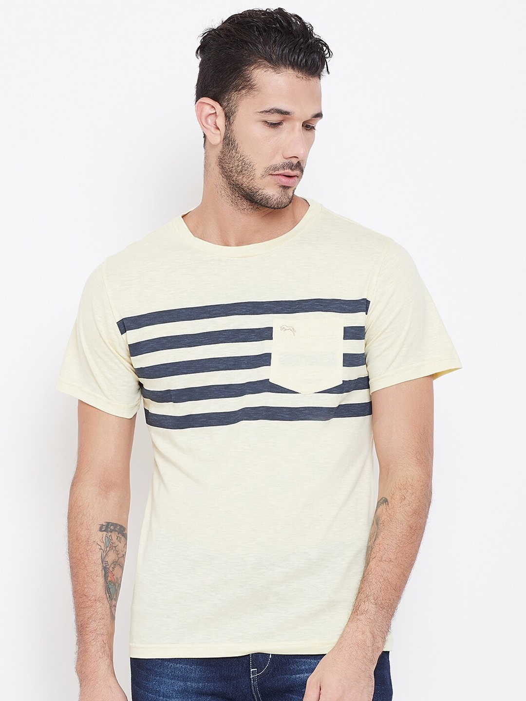 

JUMP USA Men Beige Striped Slim Fit Cotton T-shirt