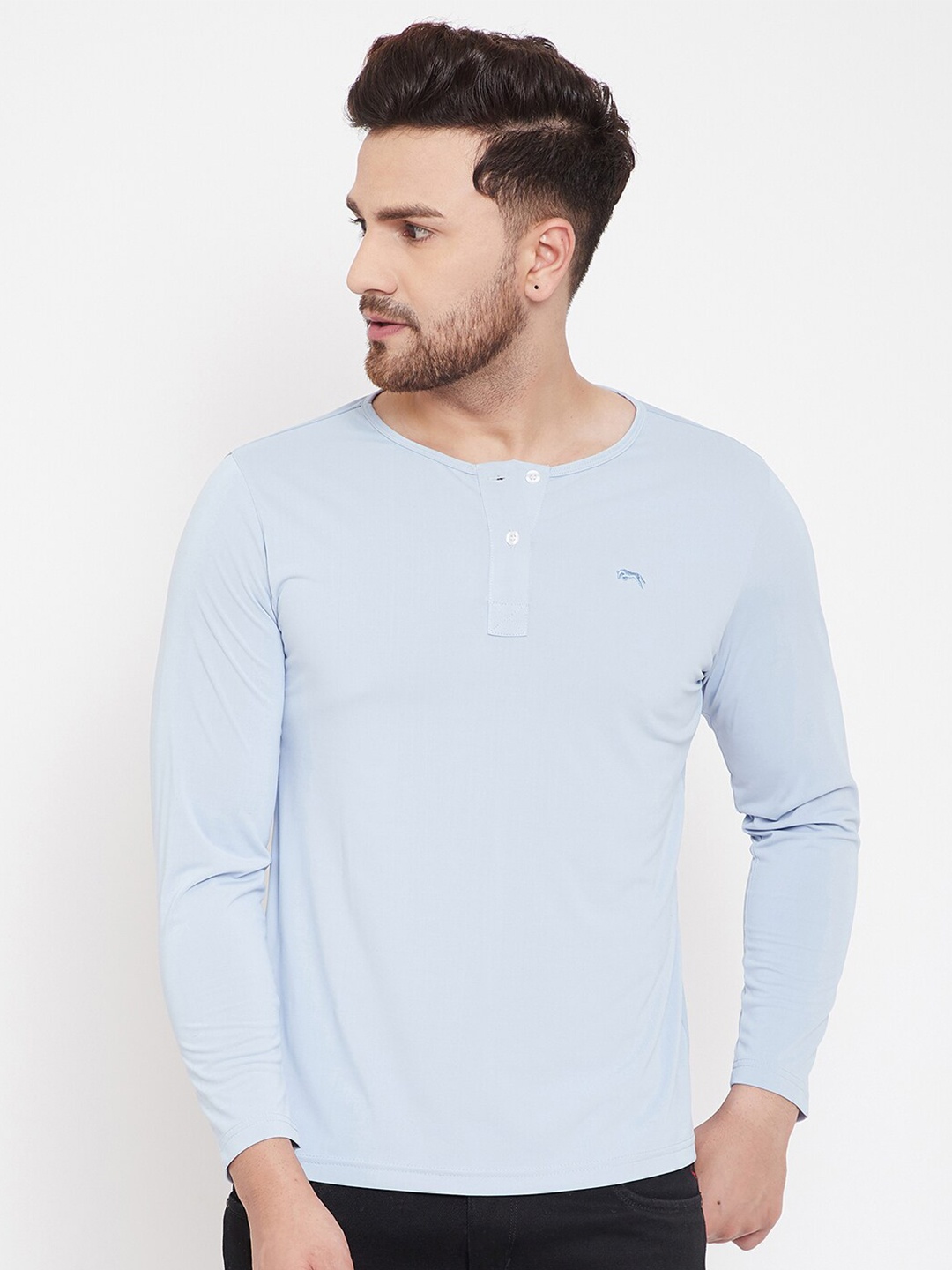 

JUMP USA Men Blue Henley Neck Raw Edge Slim Fit T-shirt