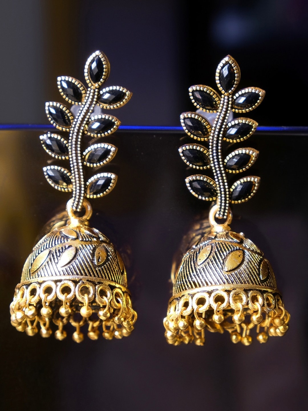 

Crunchy Fashion Black Gold-Plated Dome Shaped Jhumkas Earrings