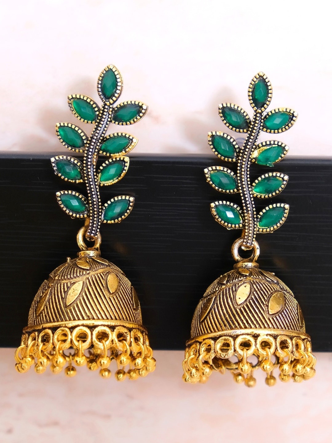 

Crunchy Fashion Green Gold-Plated Contemporary Jhumkas Earrings