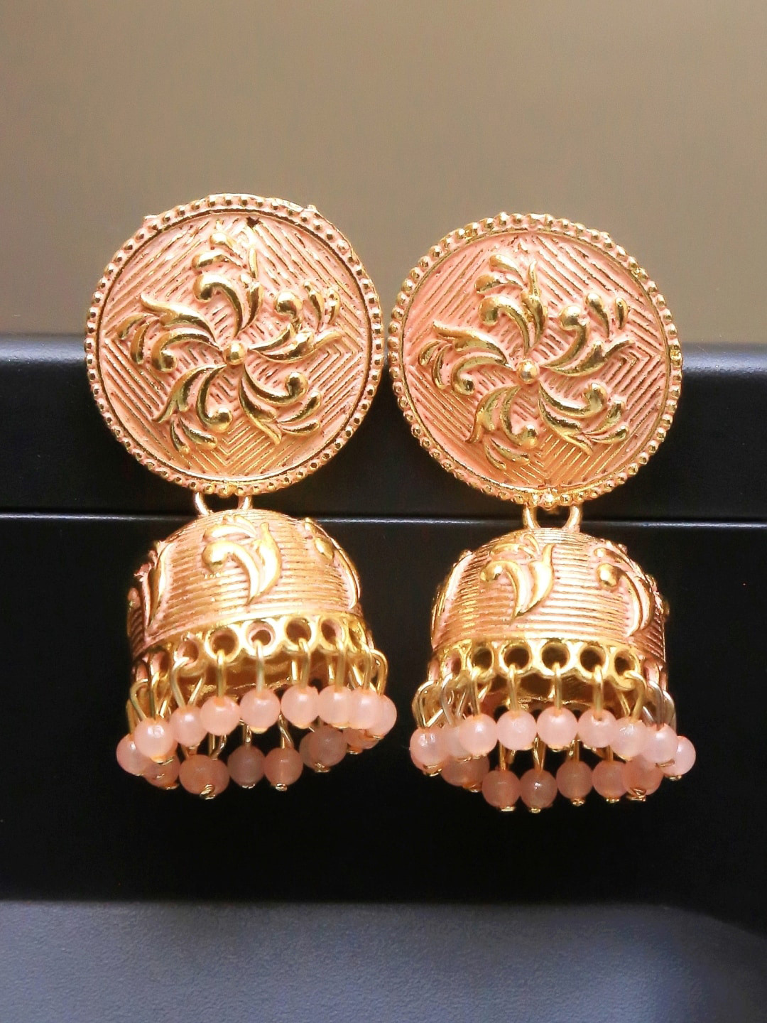 

Crunchy Fashion Pink Gold-Plated Contemporary Jhumkas Earrings
