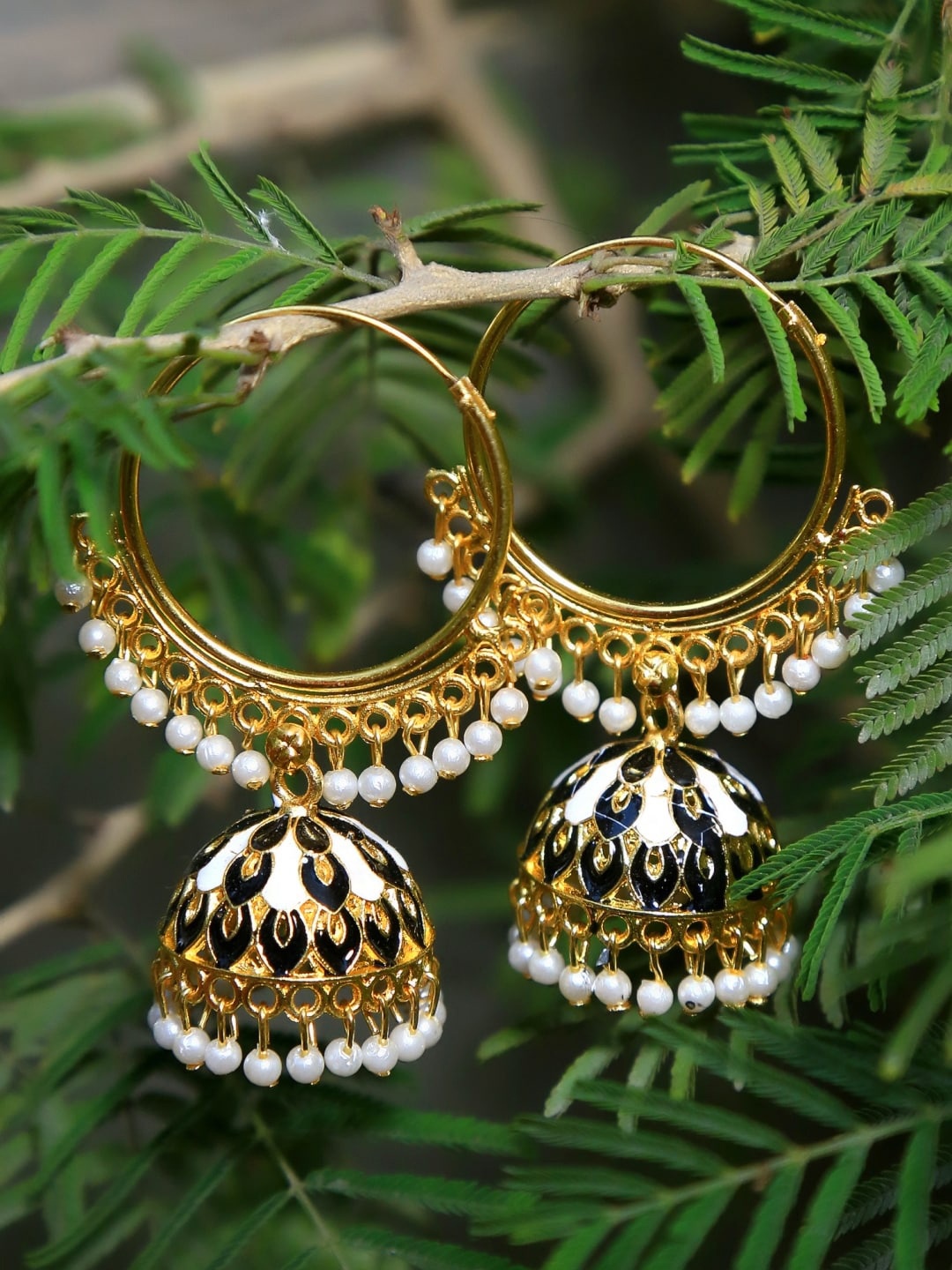 

Crunchy Fashion Gold-Toned & White Dome Shaped Jhumkas Earrings