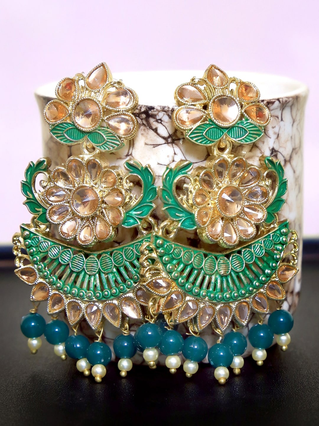 

Crunchy Fashion Green & Blue Gold-Plated Contemporary Handcrafted Drop Earrings