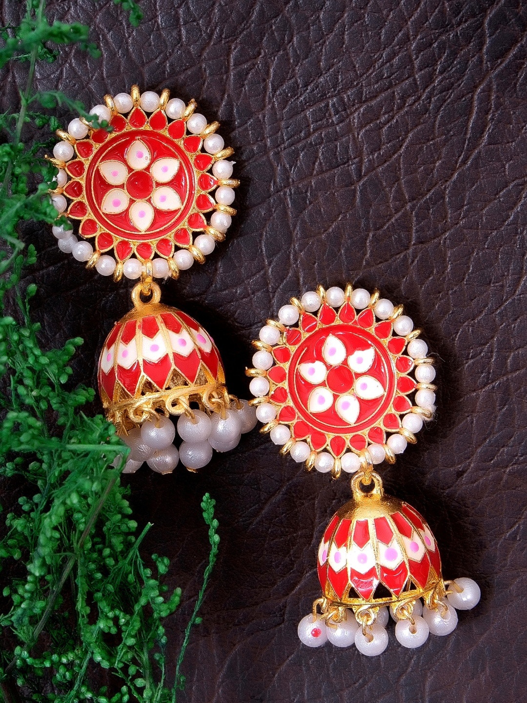 

Crunchy Fashion Red & White Toned Gold-Plated Pearls Contemporary Jhumkas Earrings