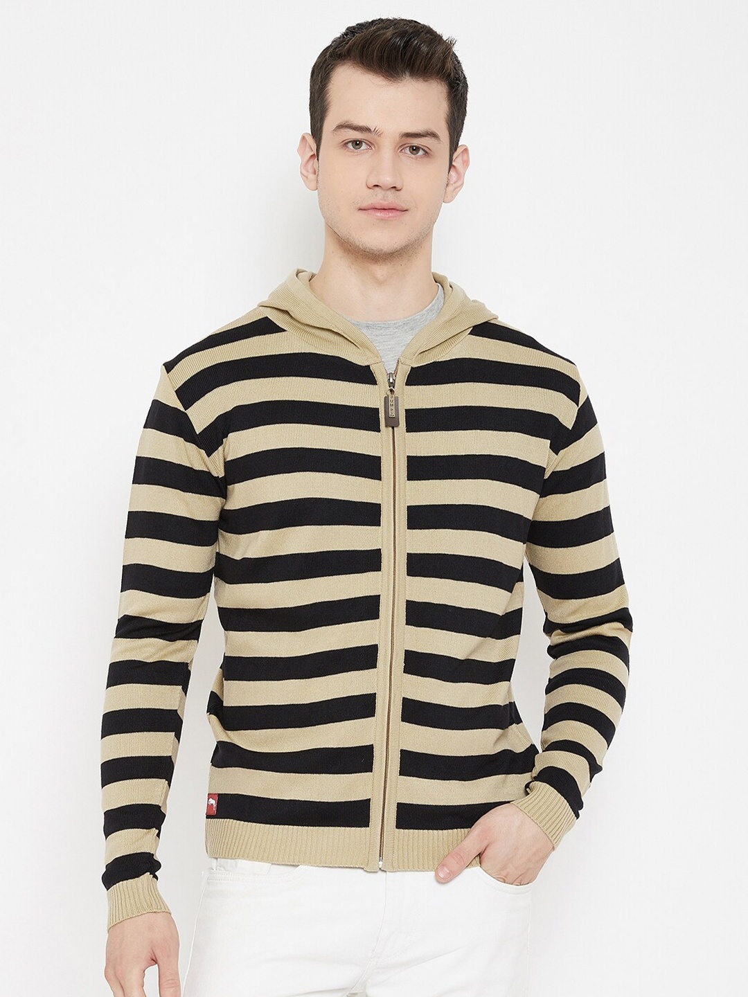 

JUMP USA Men Beige & Brown Striped Hood Front-Open with Zip Detail