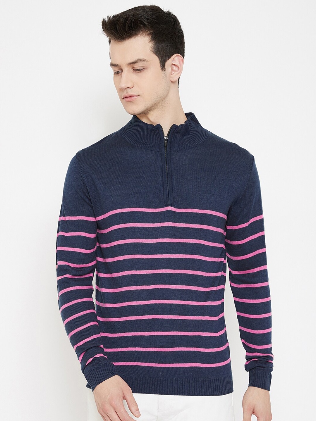 

JUMP USA Men Navy Blue & Pink Striped Pullover