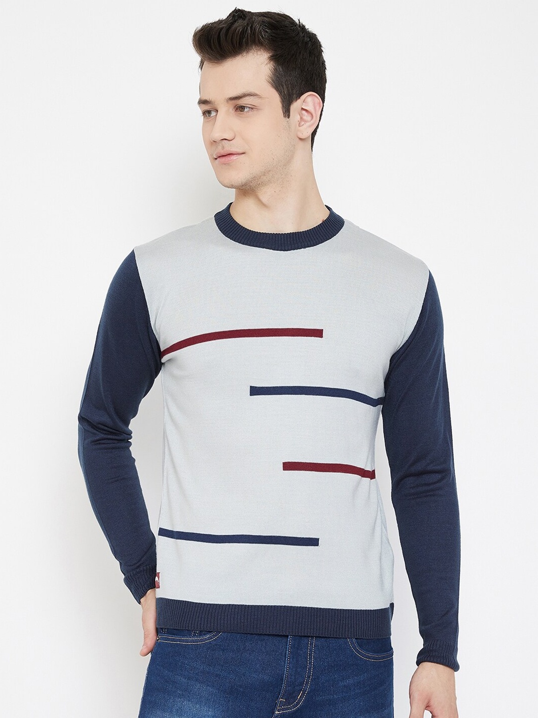 

JUMP USA Men Grey & Navy Blue Printed Pullover