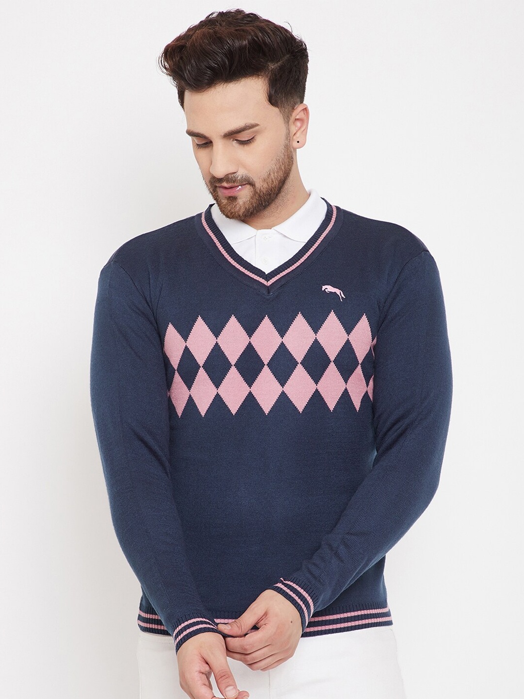 

JUMP USA Men Navy Blue & Pink Self Design Pullover