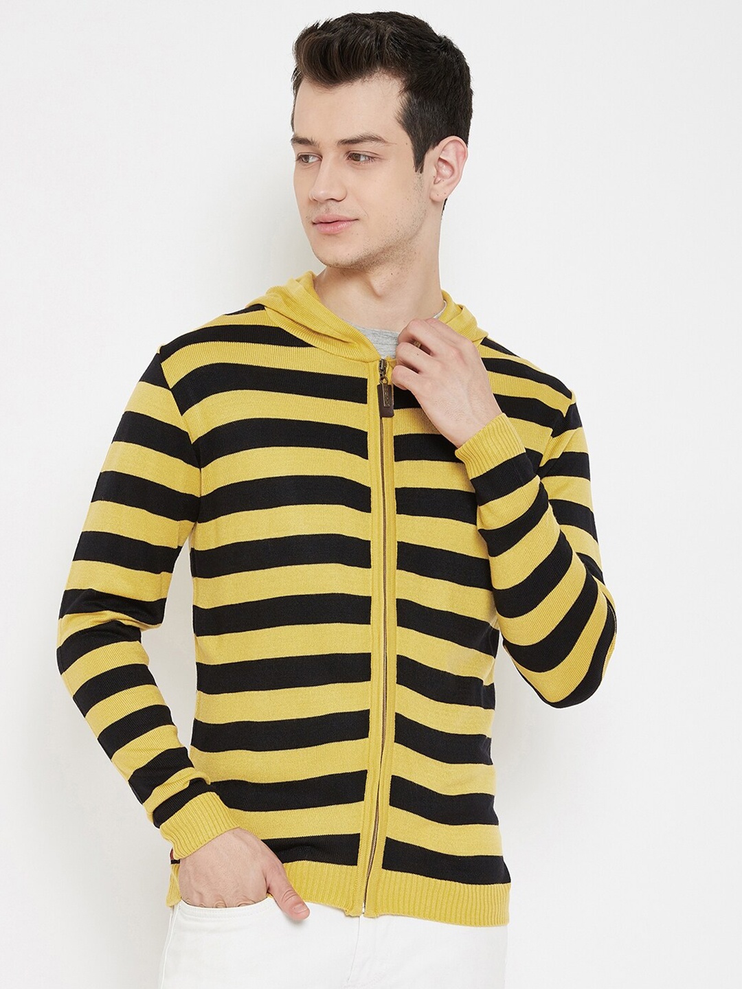 

JUMP USA Men Beige & Black Striped Front-Open with Zip Detail