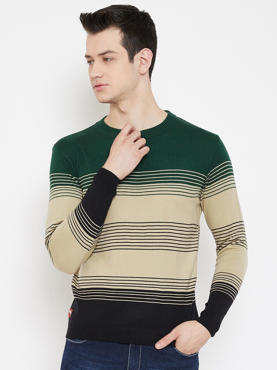 

JUMP USA Men Green & Beige Striped Pullover