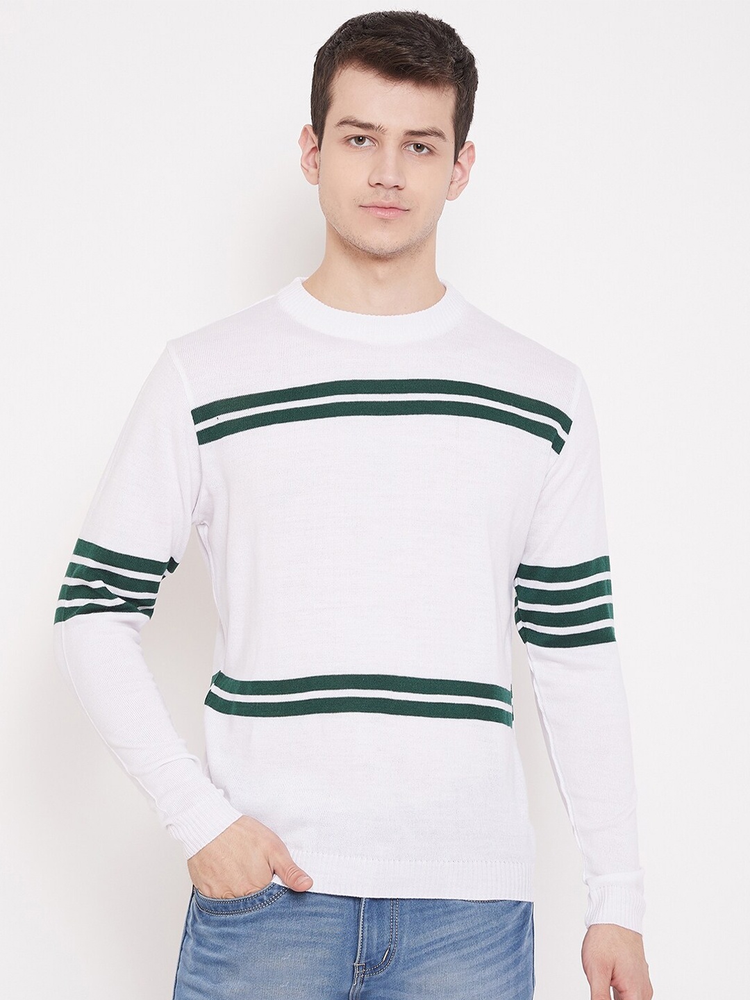 

JUMP USA Men White & Green Striped Pullover