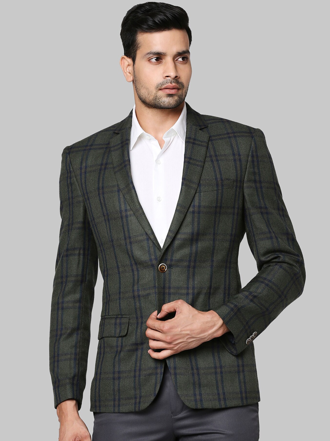 

Park Avenue Men Green & Navy Blue Checked Single-Breasted Formal Blazer