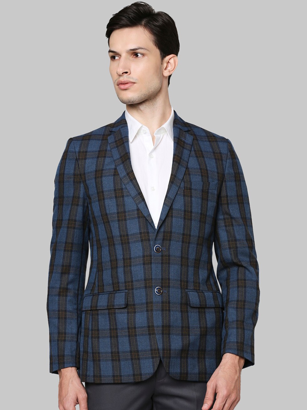 

Park Avenue Men Blue & Brown Checked Single-Breasted Formal Blazer