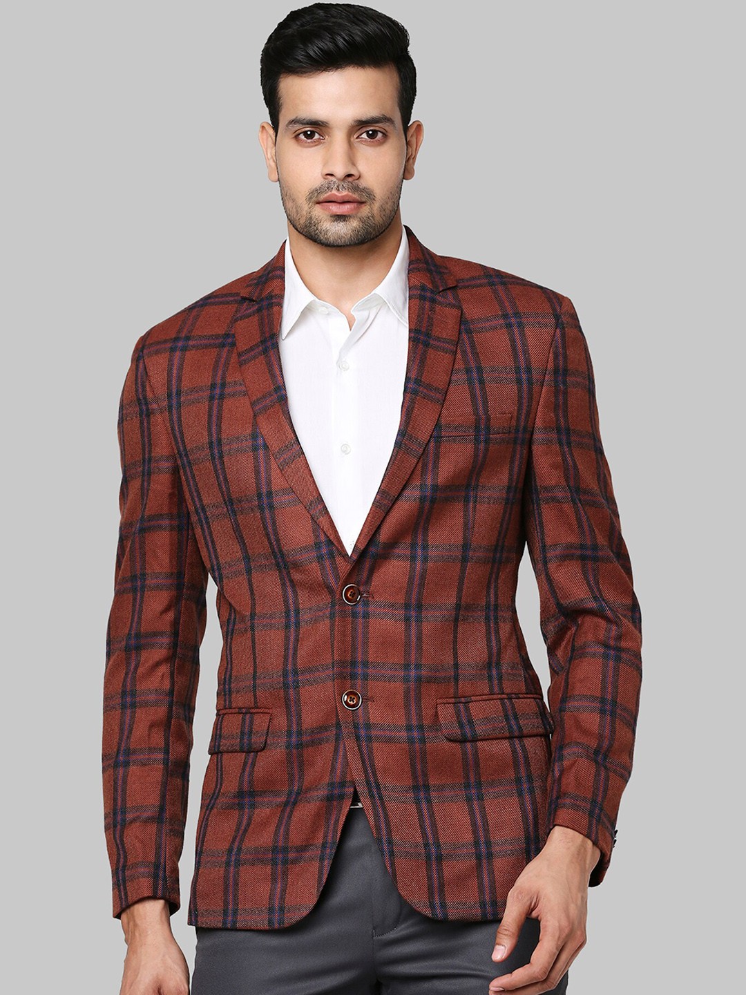 

Park Avenue Men Brown & Navy Blue Checked Single-Breasted Formal Blazer