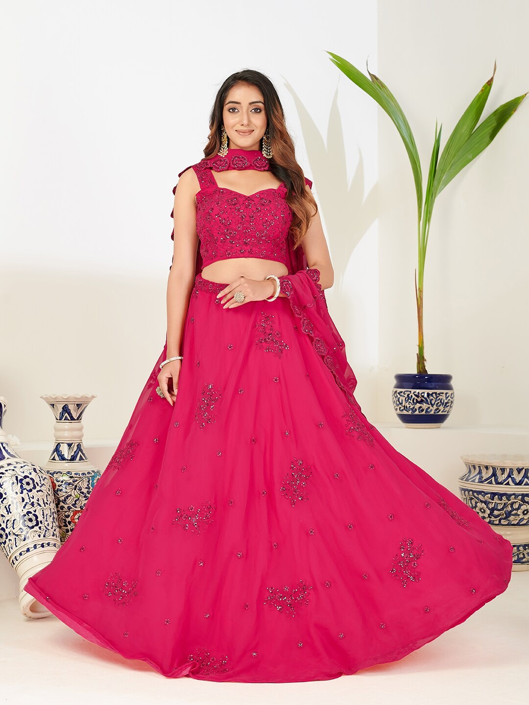 

SHOPGARB Pink Embroidered Sequinned Semi-Stitched Lehenga & Unstitched Blouse With Dupatta