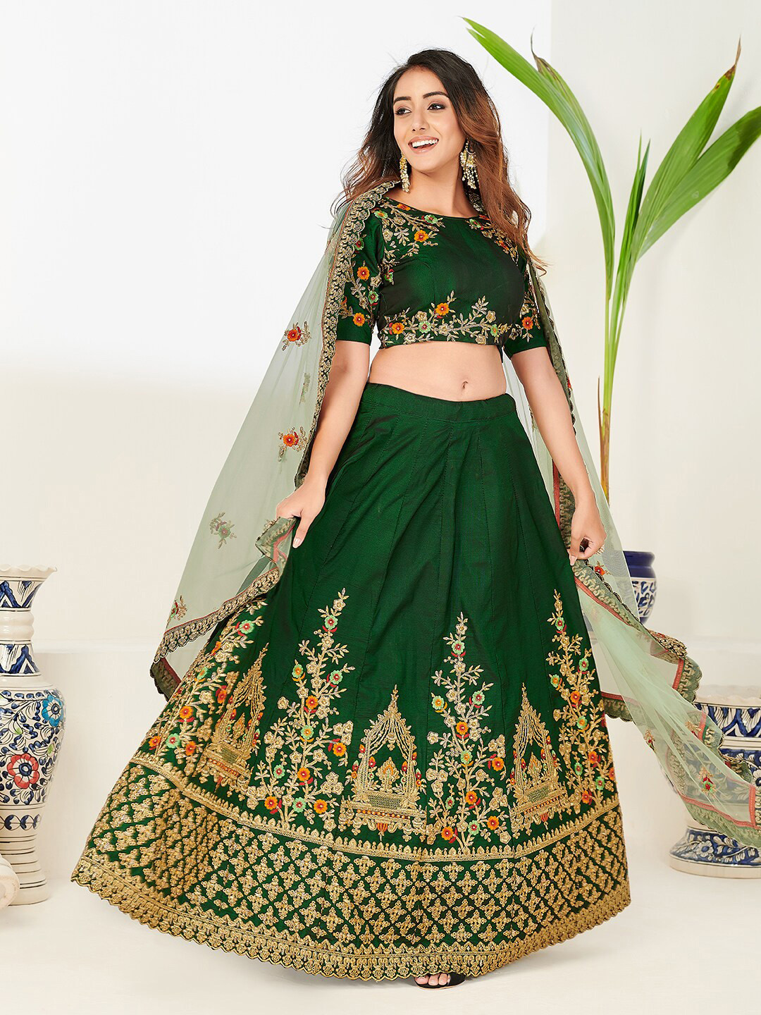

SHOPGARB Green & Red Embellished Beads and Stones Semi-Stitched Lehenga & Unstitched Blouse With Dupatta