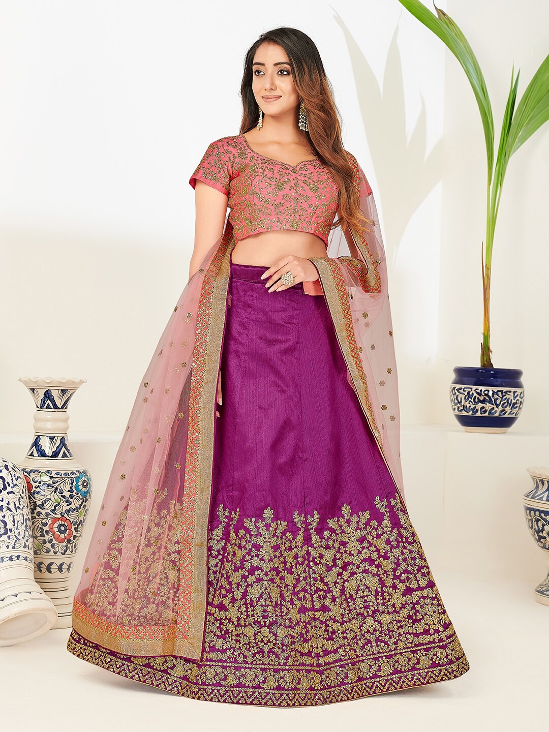 

SHOPGARB Purple & Pink Embroidered Foil Print Semi-Stitched Lehenga & Unstitched Blouse With Dupatta