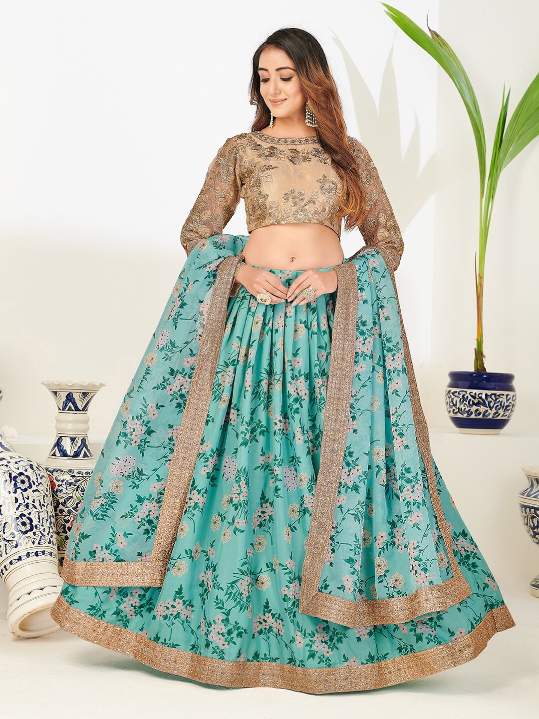 

SHOPGARB Turquoise Blue & Gold-Toned Embroidered Foil Print Semi-Stitched Lehenga & Unstitched Blouse With