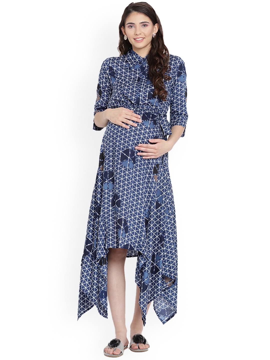 

Mine4Nine Blue & White Checked Maternity Midi Shirt Dress