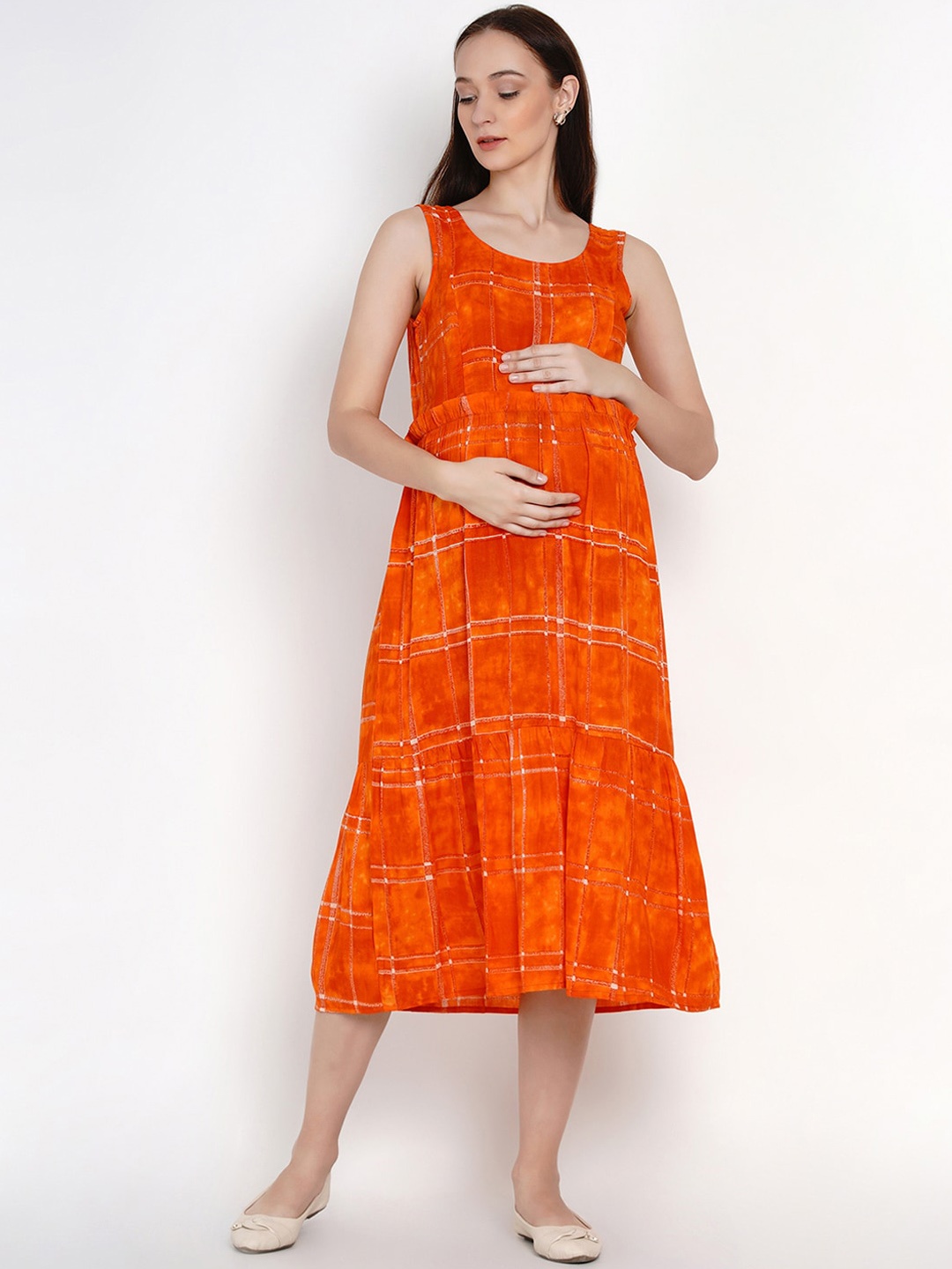 

Mine4Nine Orange & Off White Geometric Printed Maternity Midi Fit & Flare Dress