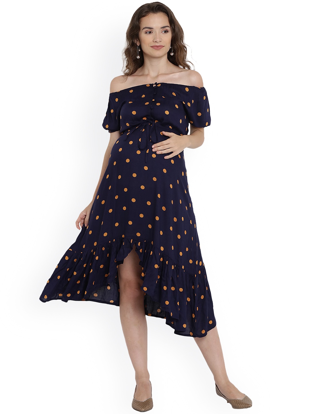

Mine4Nine Navy Blue & Mustard Polka Dots Off-Shoulder Maternity Midi Fit & Flare Dress