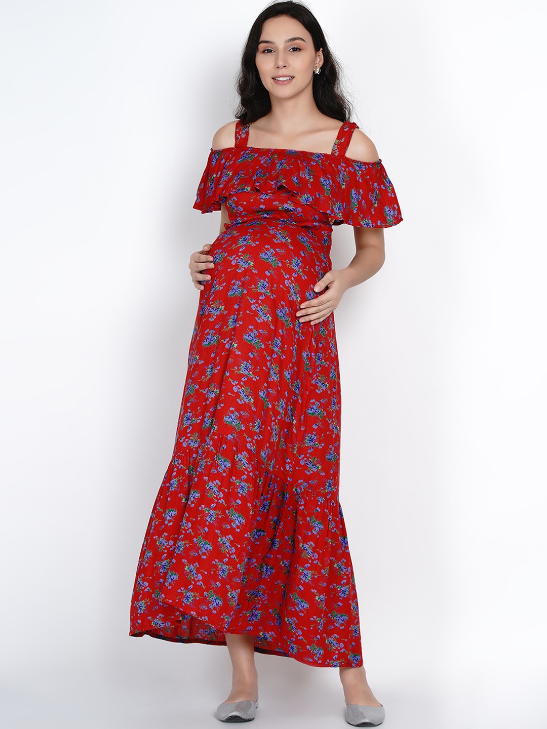

Mine4Nine Red & Blue Floral Printed Maternity Cold-Shoulder Sleeves Maxi Dress