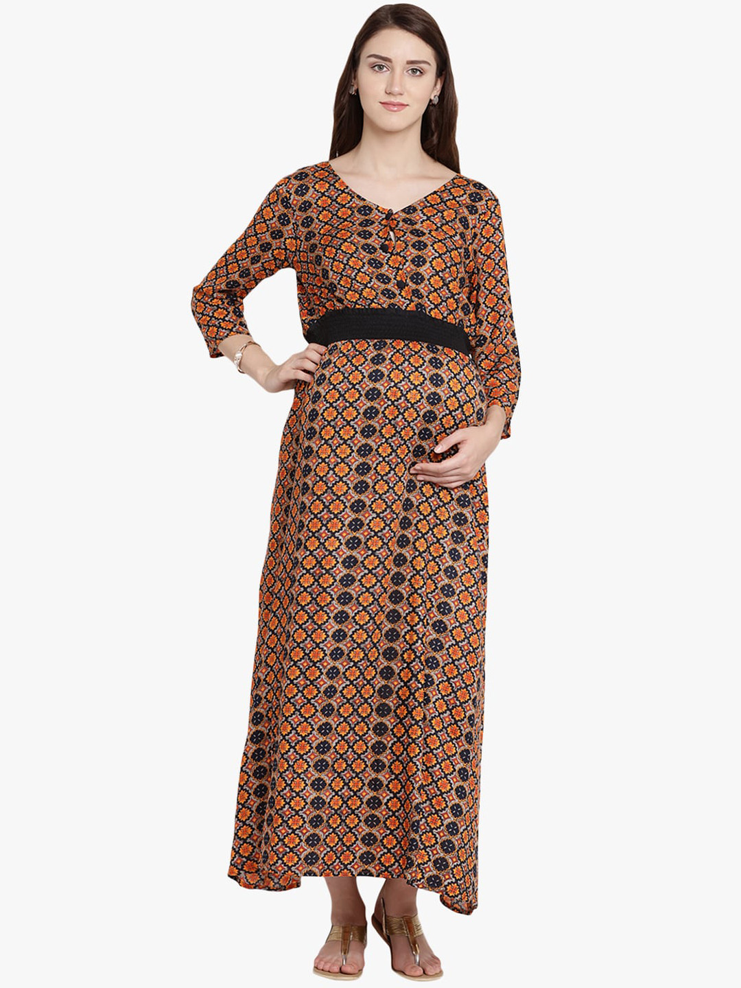 

Mine4Nine Orange & Black Ethnic Motifs Printed Maternity Maxi Dress