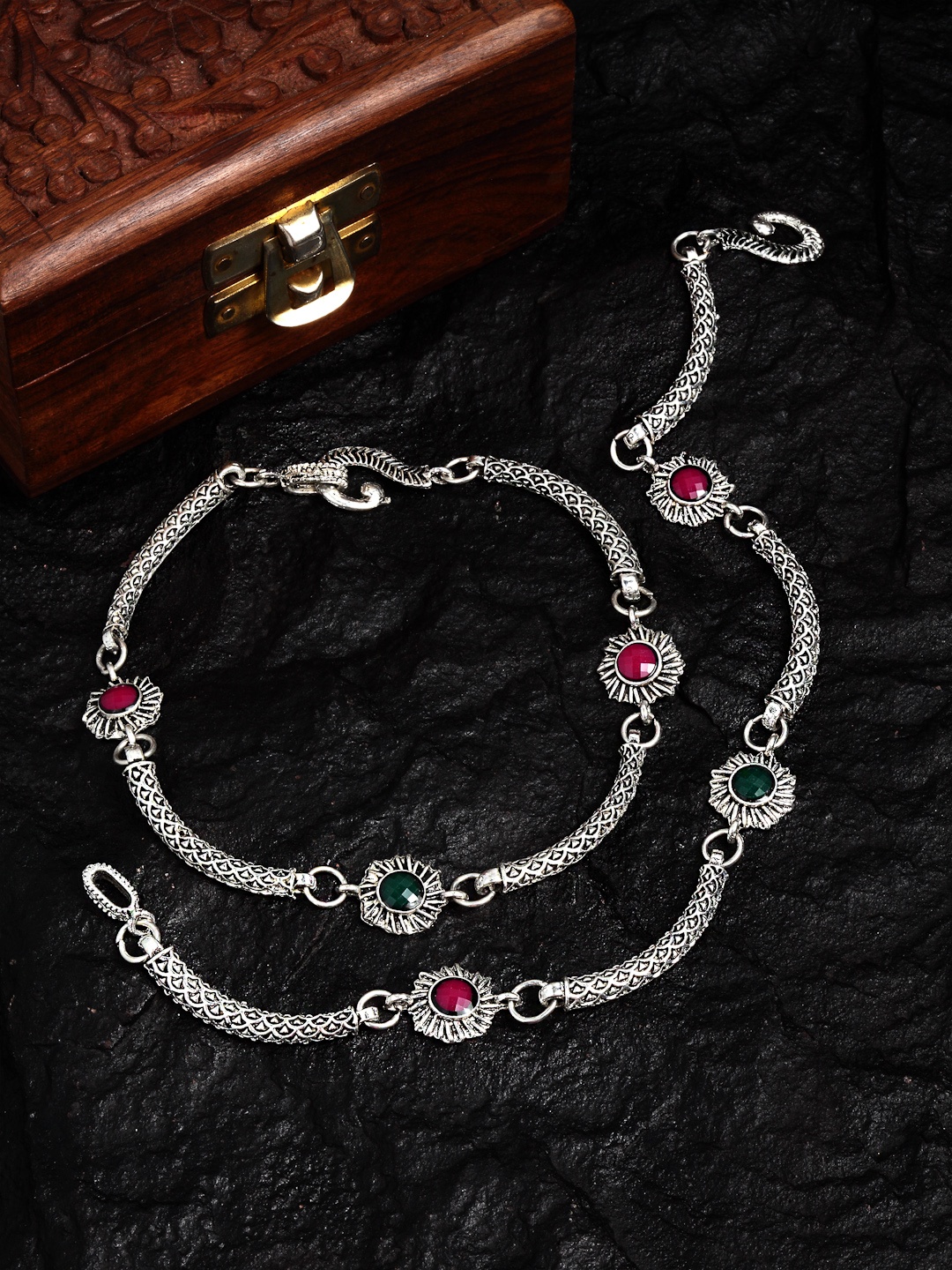 

PANASH Set Of 2 Oxidised Silver-Plated Magenta Stone Studded Anklets