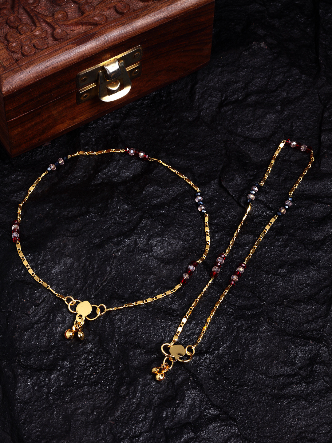 

PANASH Set of 2 Gold-Plated Black & Red Beaded Handcrafted Anklets