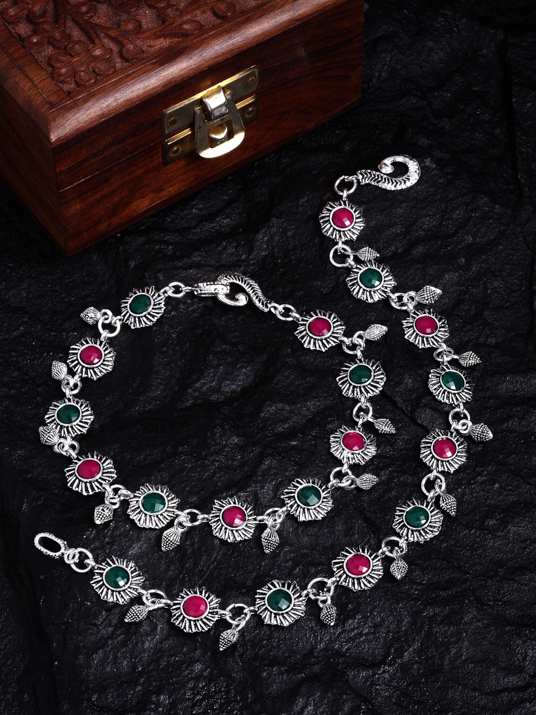 

PANASH Set Of 2 Oxidised Silver-Plated Pink & Green Stone-Studded Handcrafted Anklets