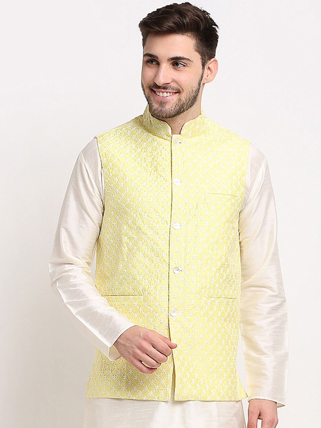 

Jompers Men Yellow & White Embroidered Woven Nehru Jacket