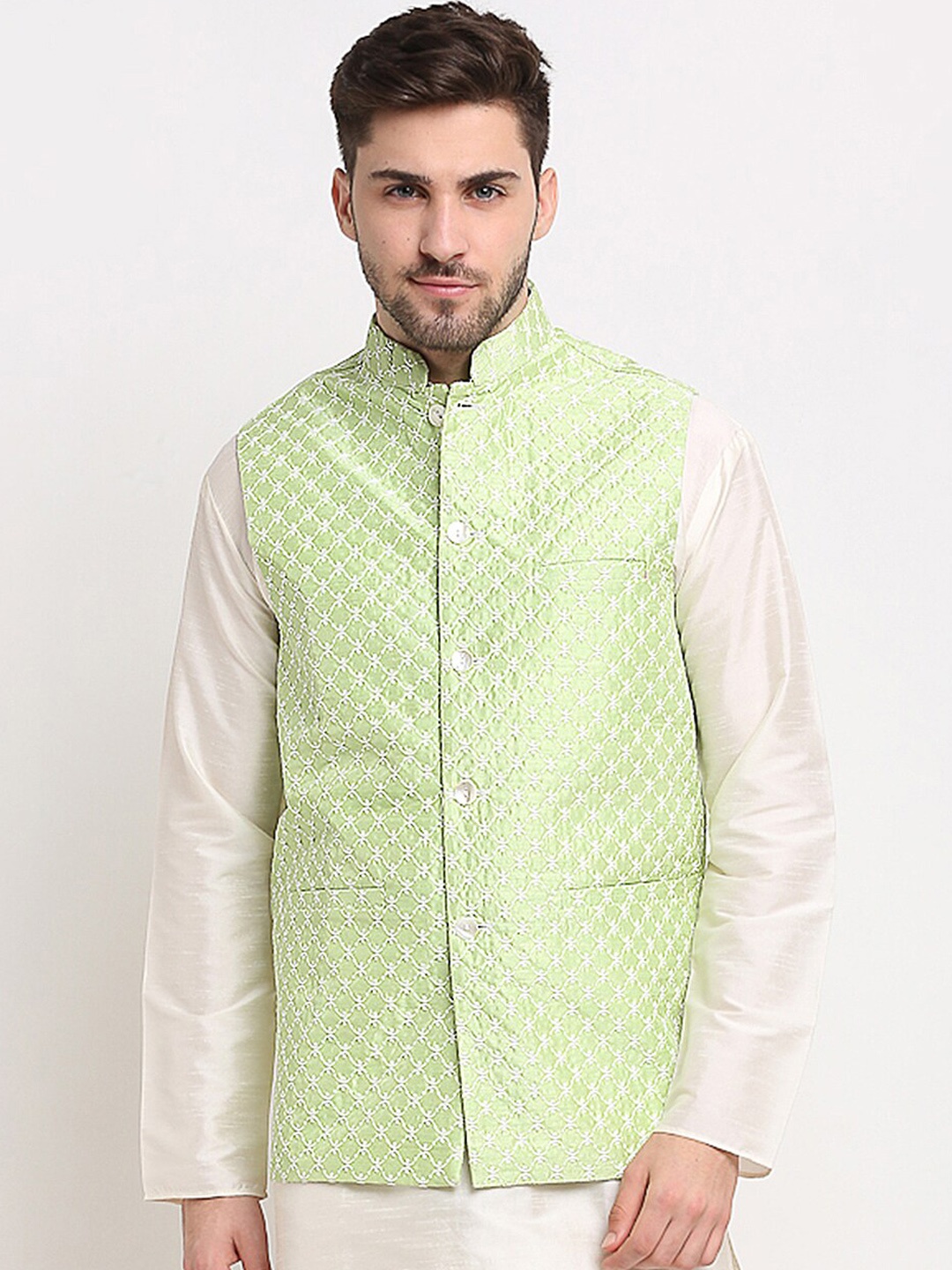 

Jompers Men Green & White Woven Design Pure Dupion Silk Nehru Jacket