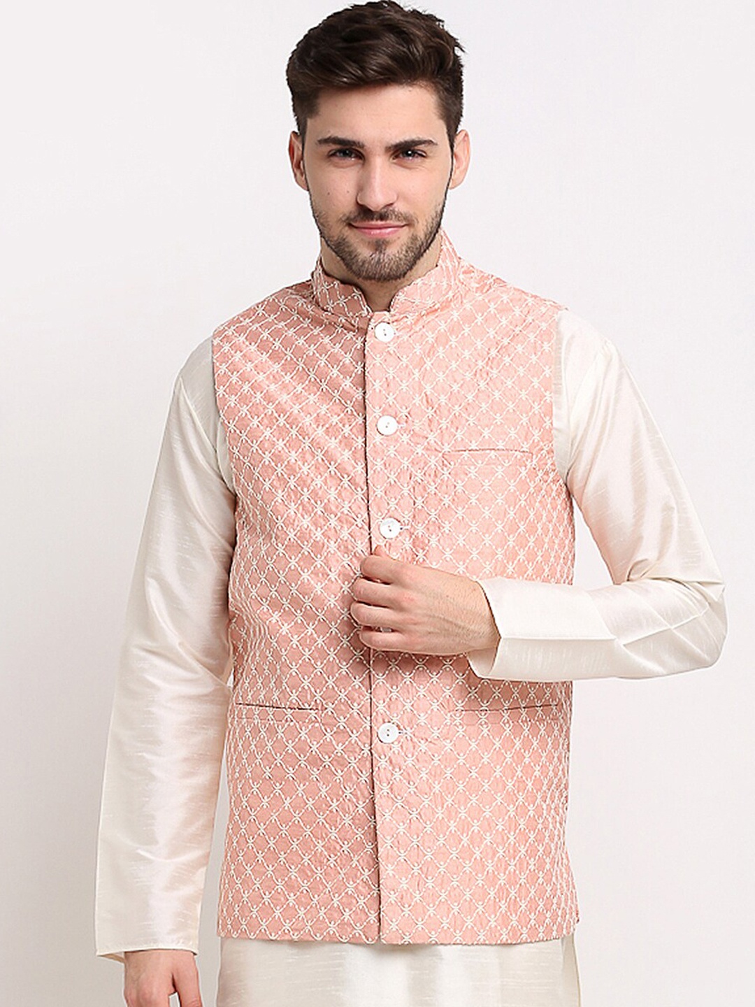 

Jompers Men Peach-Coloured & White Woven-Design Nehru Jacket
