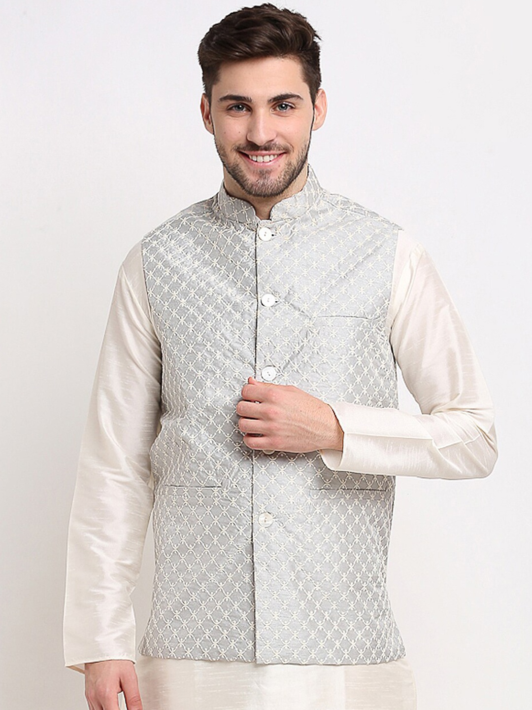 

Jompers Men Grey & White Woven-Design Nehru Jacket