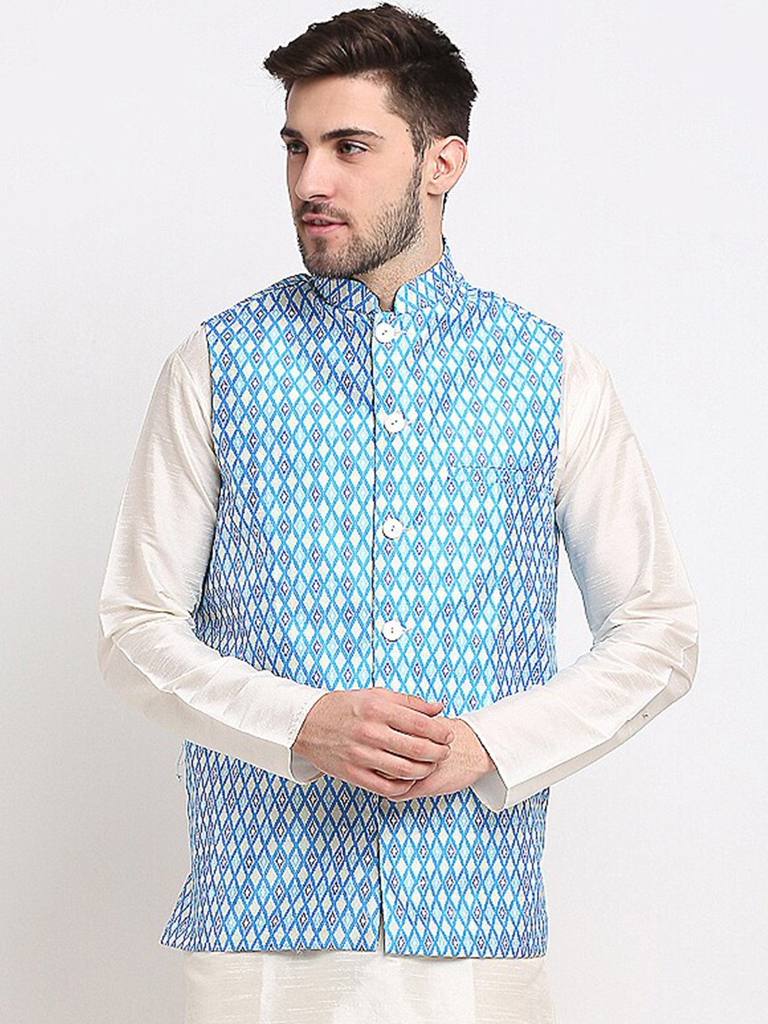 

Jompers Men Blue & White Ikat Printed Nehru Jacket