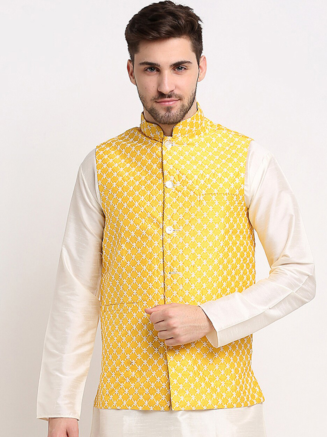

Jompers Men Yellow & White Woven-Design Nehru Jacket