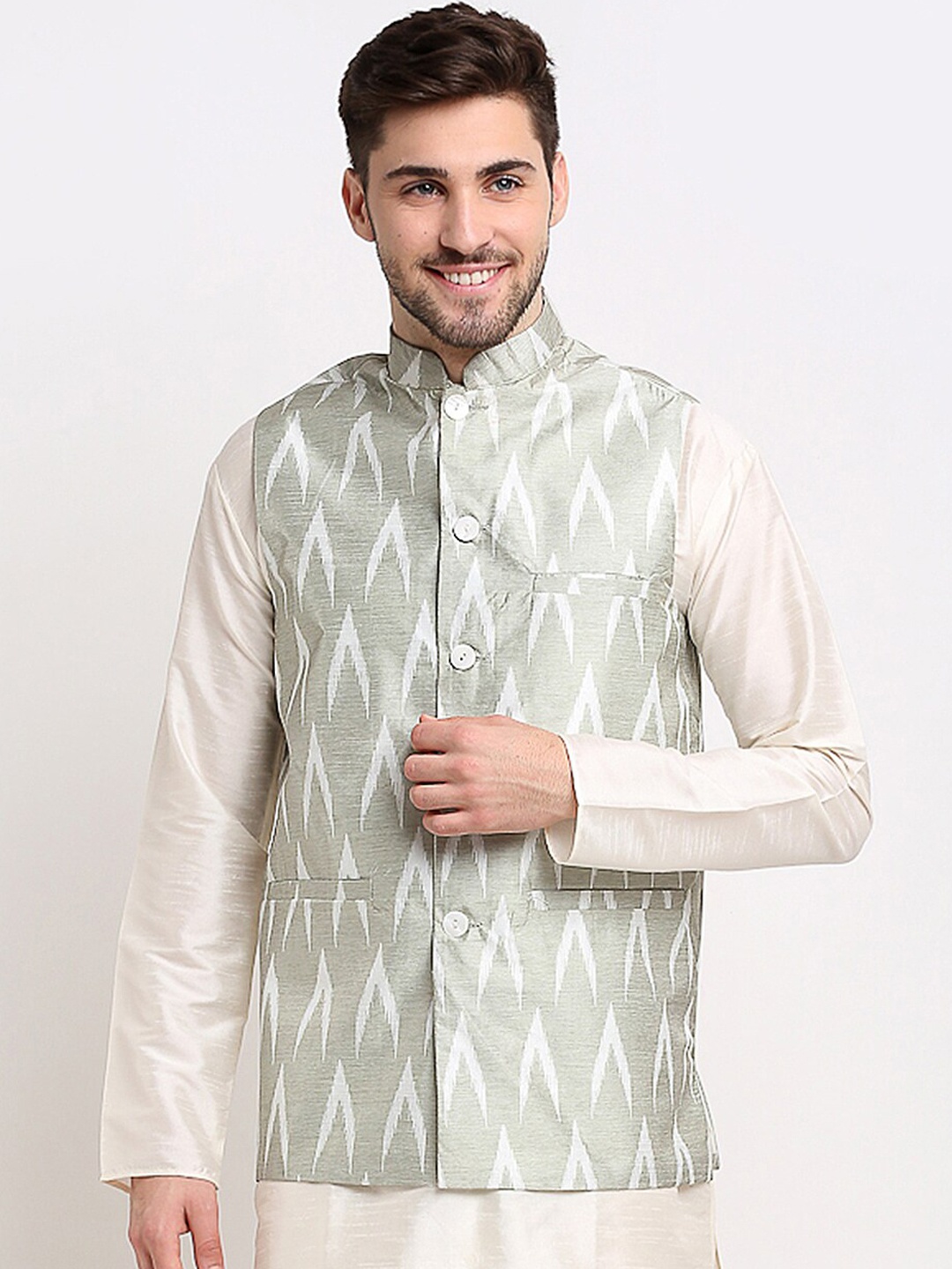 

Jompers Men Grey & White Printed Woven Nehru Jacket