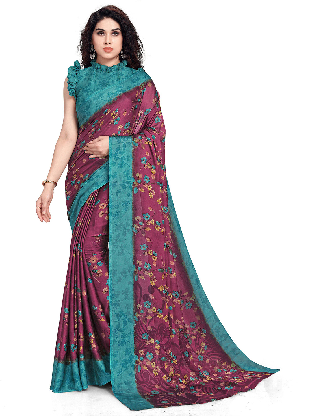 

KALINI Pink & Turquoise Blue Floral Bagh Saree