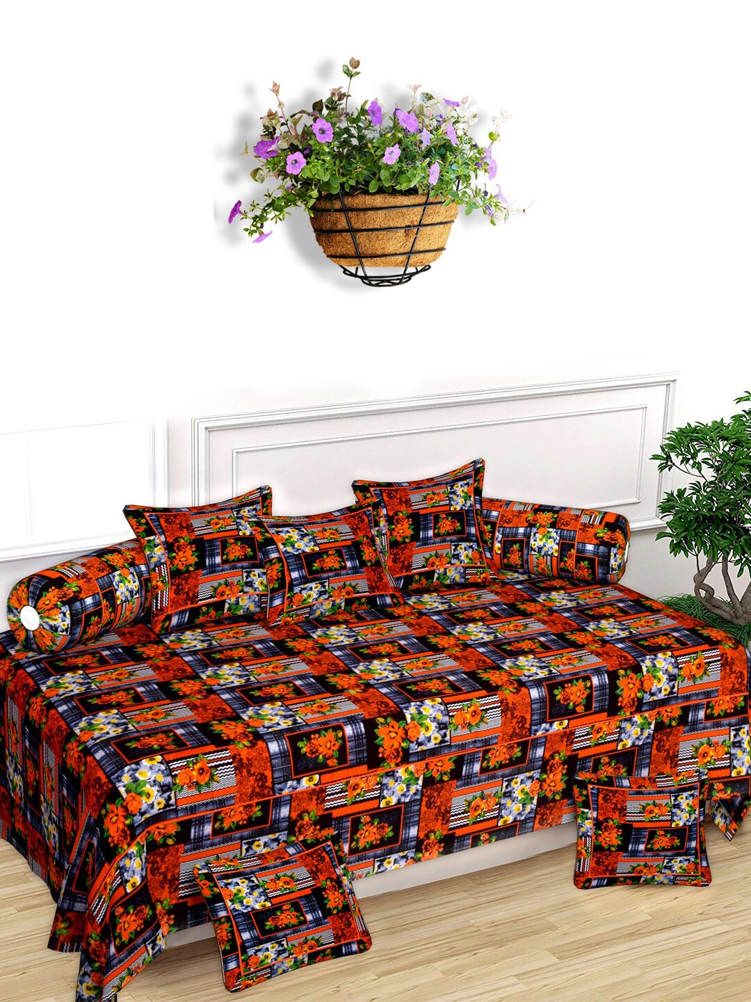 

Kuber Industries Black & Green Floral 8-Pcs Cotton Bedsheet With Bolster & Cushion Covers, Orange