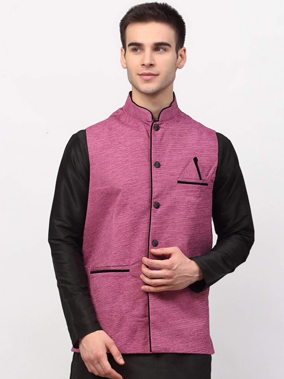 

Jompers Men Purple Woven Design Nehru Jacket With Pocket Square