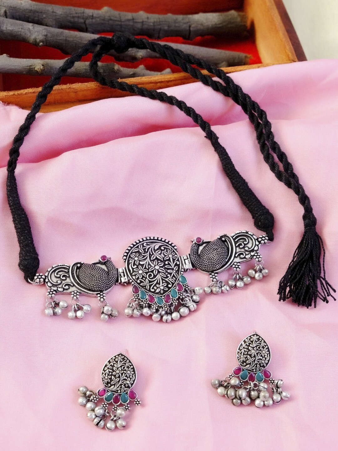 

Crunchy Fashion Silver-Plated Green & Magenta Pink Stone-Studded Meenakari Jewellery Set