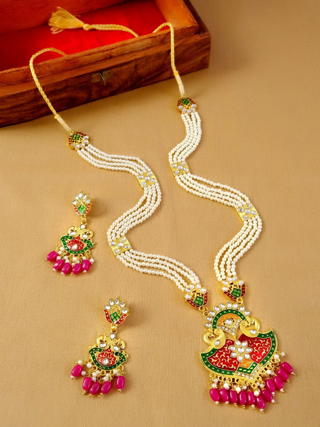 

Crunchy Fashion Gold-Plated Red & Green Stone-Studded Beaded Jewellery Set